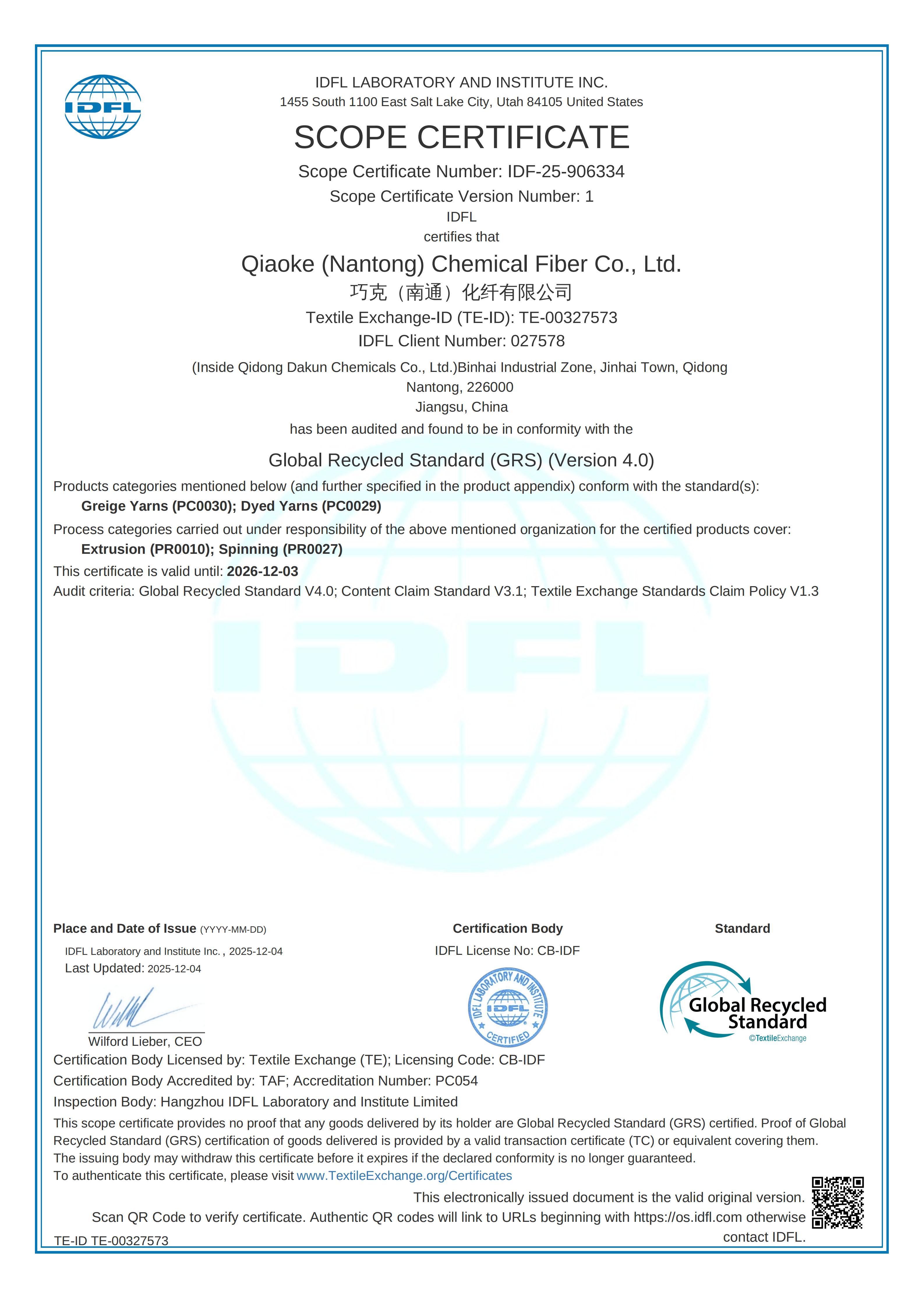Qiaoke (Nantong) Chemical Fiber Co., Ltd GRS Certificate